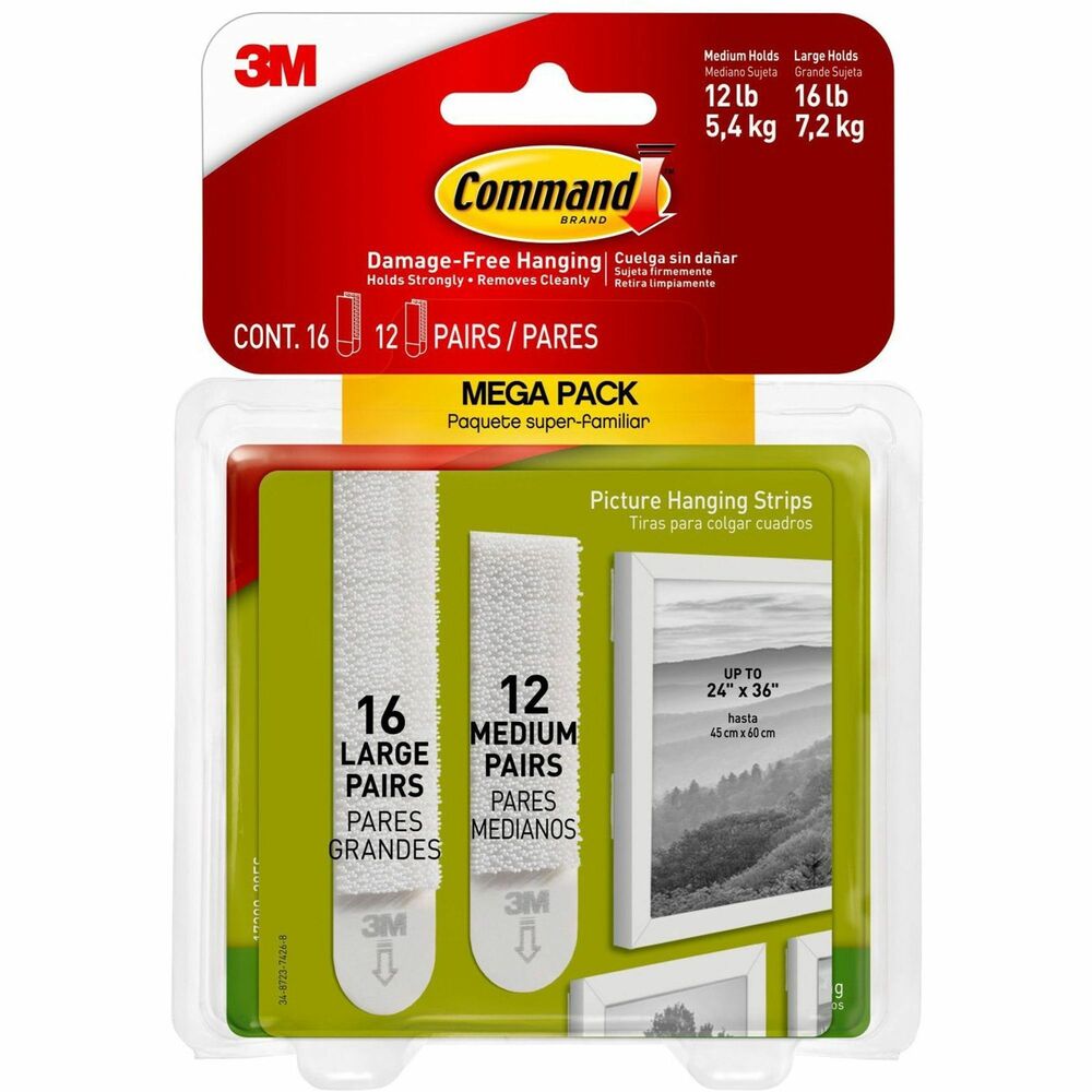 Image of 3M Picture Hanging Strips, 3 lb or 4 lb Cap/Set, 28/PK, White