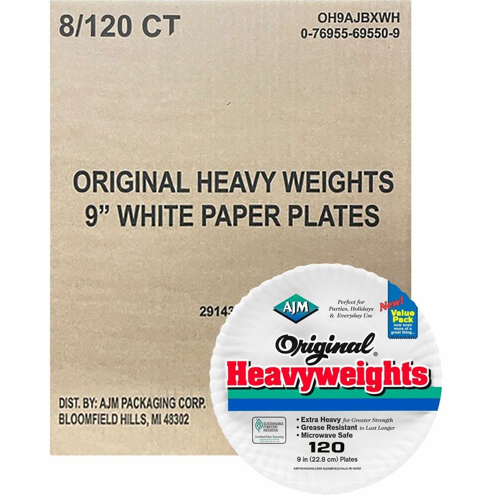 Image of Ajm Packaging Corporation Plates, Heavyweight Paper, 9", 120/PK,8PK/CT, White