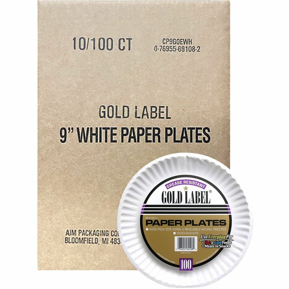 Image of Ajm Packaging Corporation Plates, Paper, 9"Dia, 1000/CT, White
