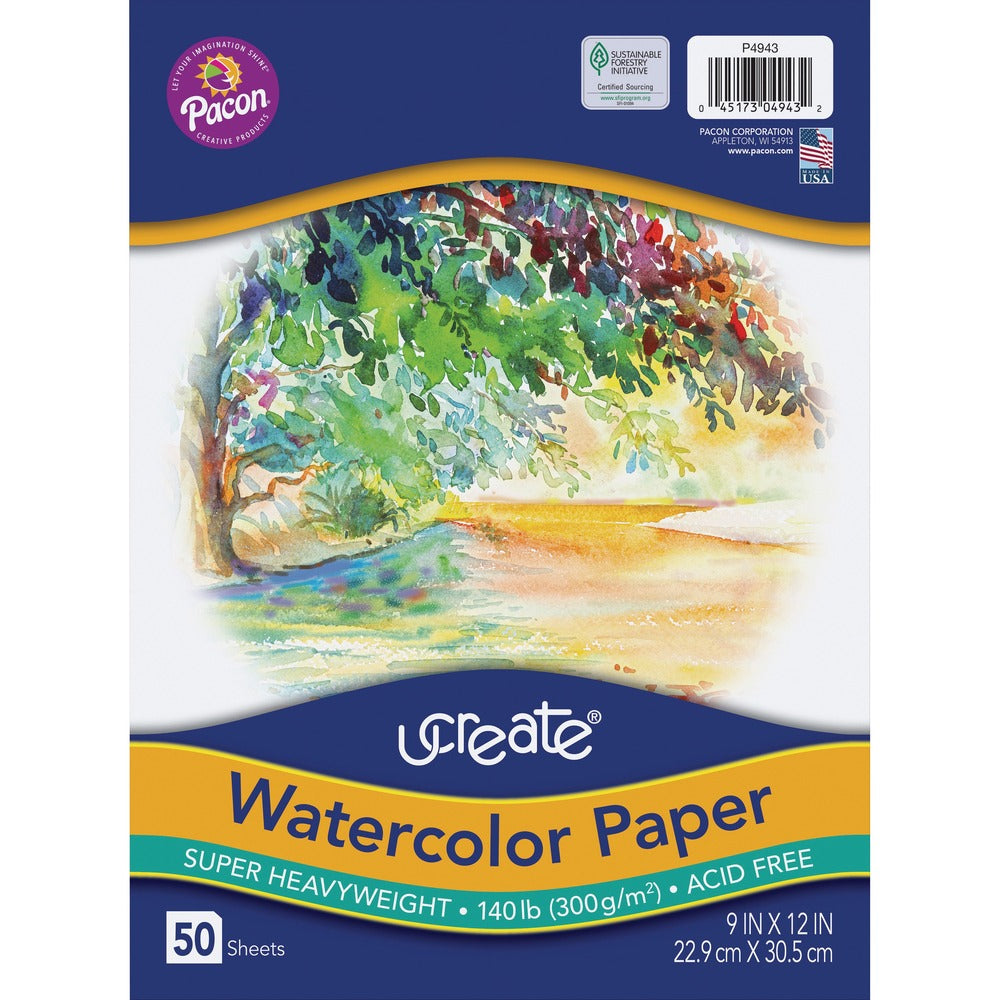Image of Pacon Watercolor Paper, Super Hvywght, 140 lb, 50/PK, 9"x12", WE