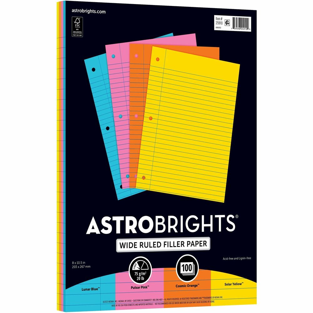 Image of Wausau Papers Filler Paper,Wide-Ruled,8"x10-1/2",20 lb,4 Colors,100/PK,AST
