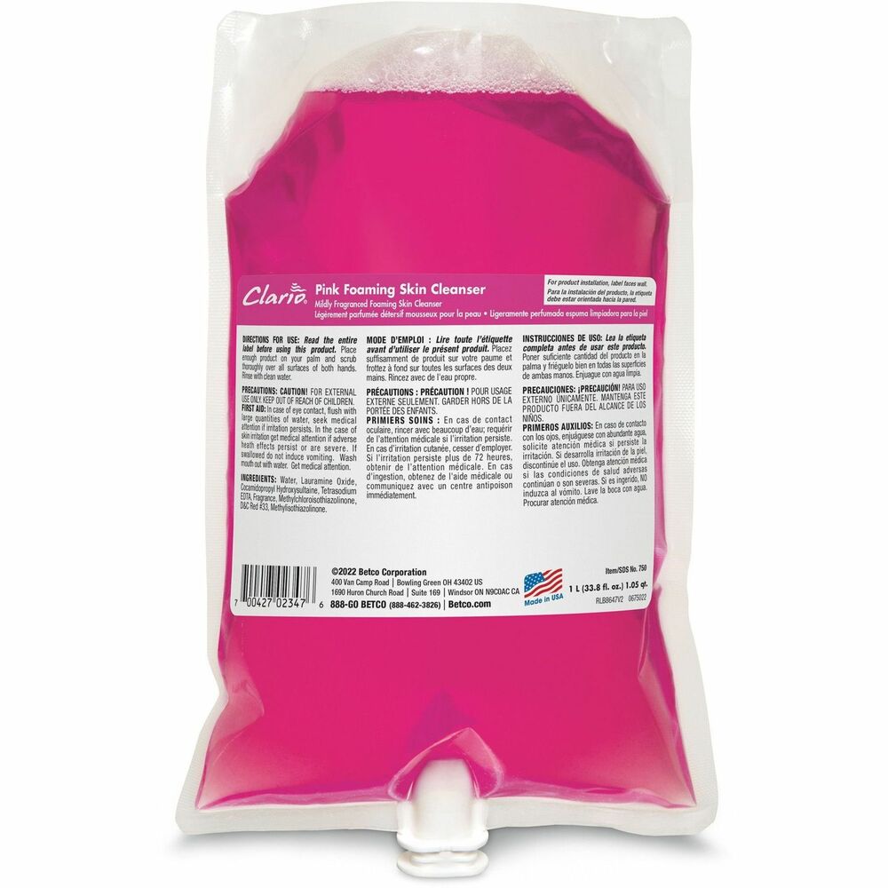 Image of Betco Corporation Hand Cleanser,Foaming,f/Clario Dispensers,1000ml,6/CT,Pink