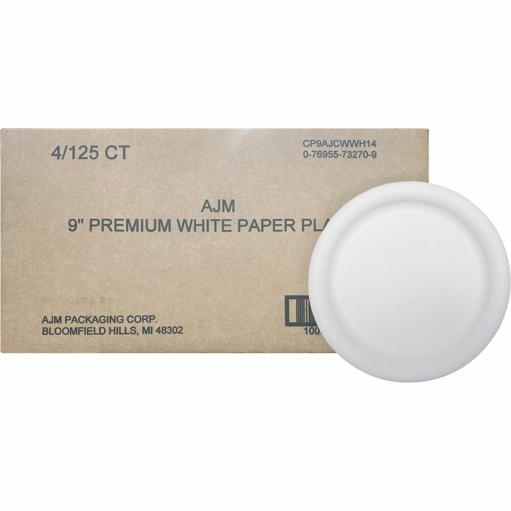 Image of Ajm Packaging Corporation Plates, Coated Paper, Round, 9" Dia, 125/PK, White