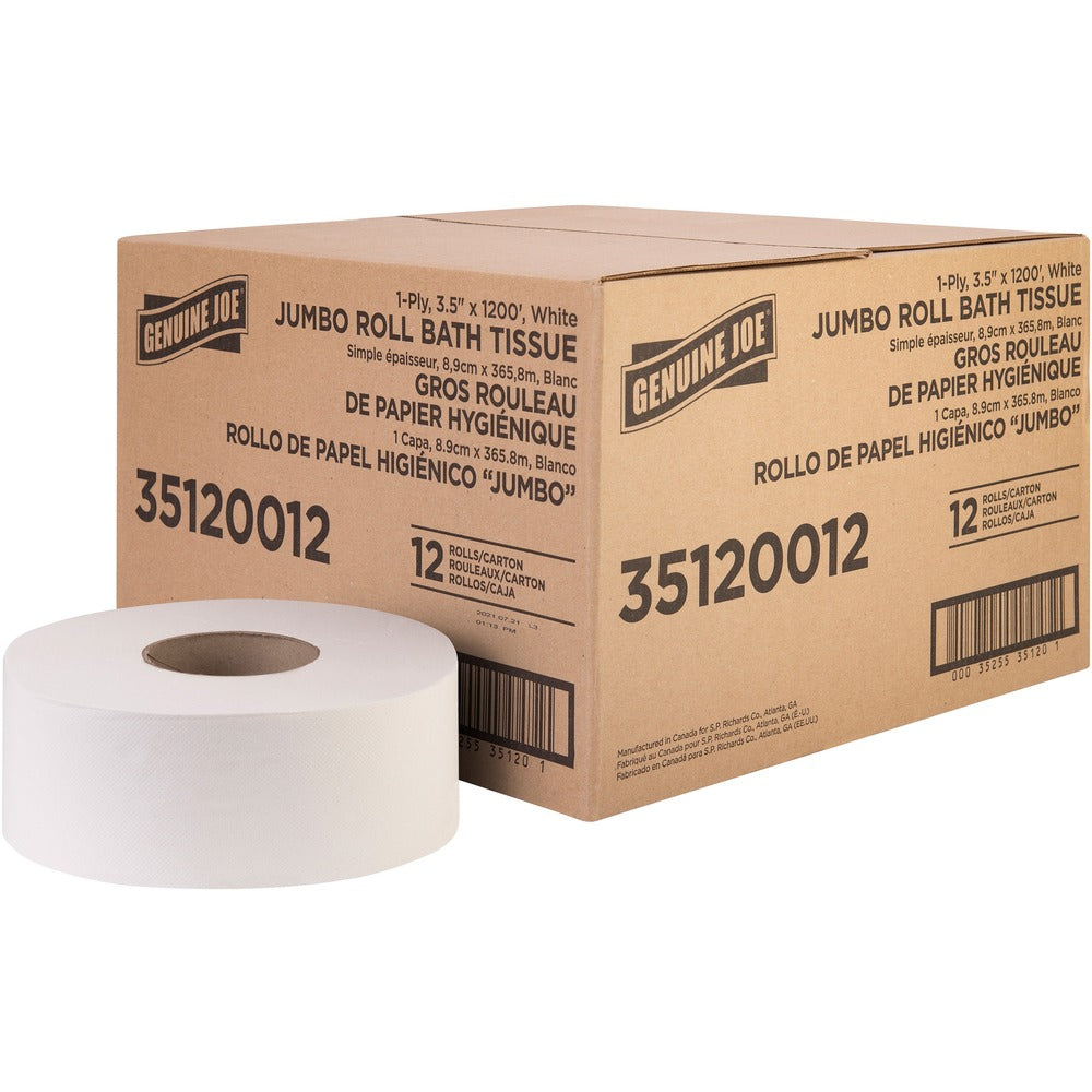 Image of Genuine Joe Bath Tissue Roll,Jumbo,1-Ply,3.63"x1200',8.88"Dia,12/CT, WE