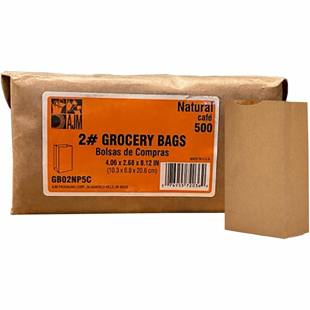 Image of Ajm Packaging Corporation Grocery Bag, 2 lb. 4-3/10"Wx2-2/5"Lx7-4/5"H, 500/PK, Brown