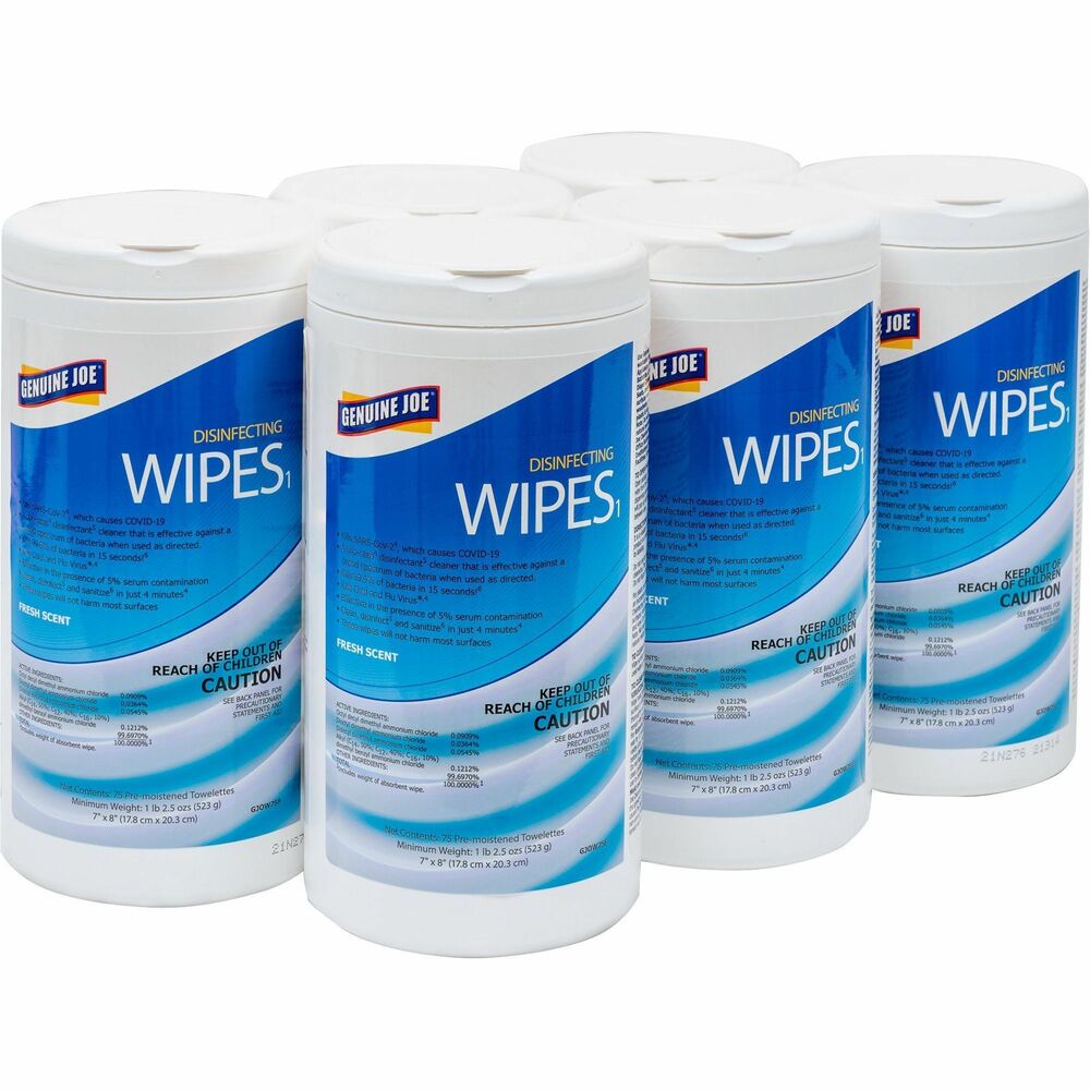 Image of Genuine Joe Wipes,Disinfecting,7"x8",75/Tub,6Tubs/CT,White