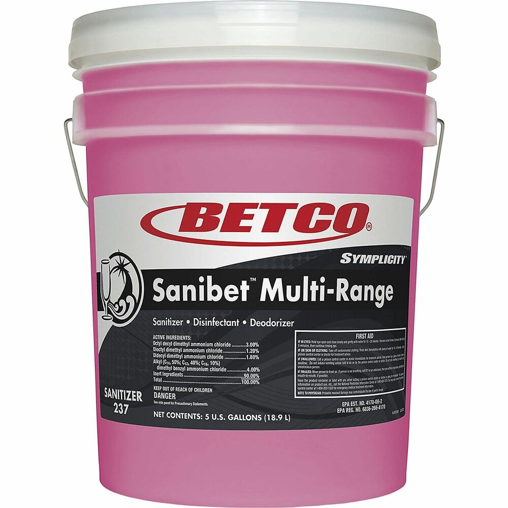 Image of Betco Corporation Sanitizer/Disinfectant/Deodorizer, Conc, 5 Gal Pail, Pink