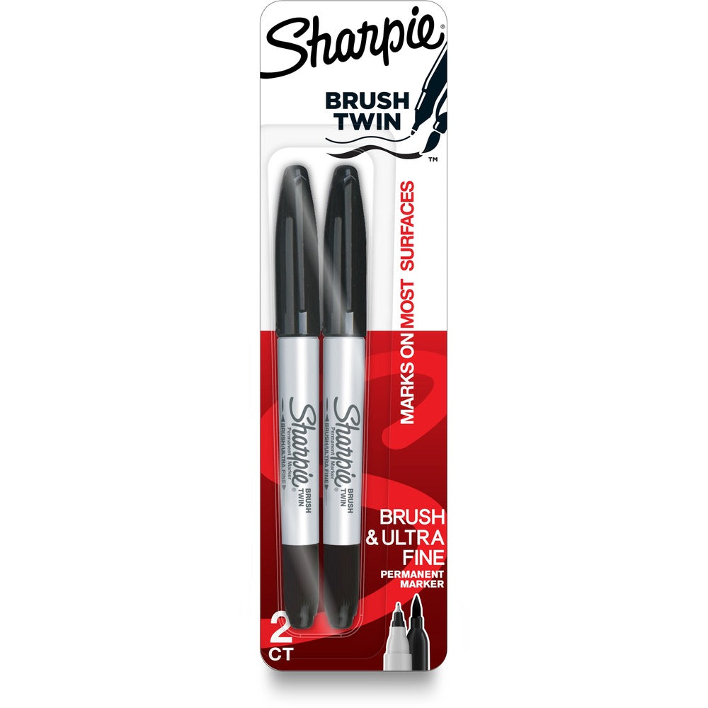 Image of Newell Brands Permanent Markers, Dual Tip, Brush,Ultra-Fine, 2/PK, BK