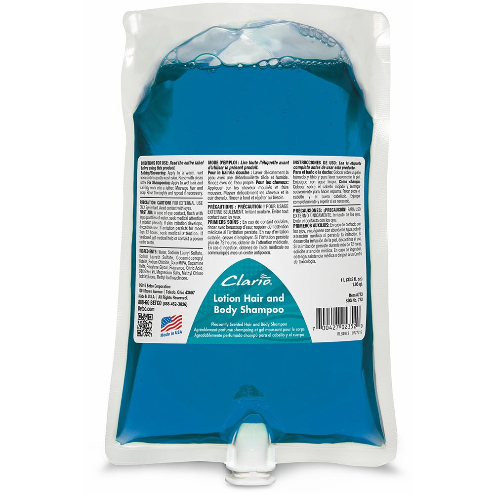 Image of Betco Corporation Shampoo, f/Hair/Body, Clario, 1000ml, 6/CT, Blue