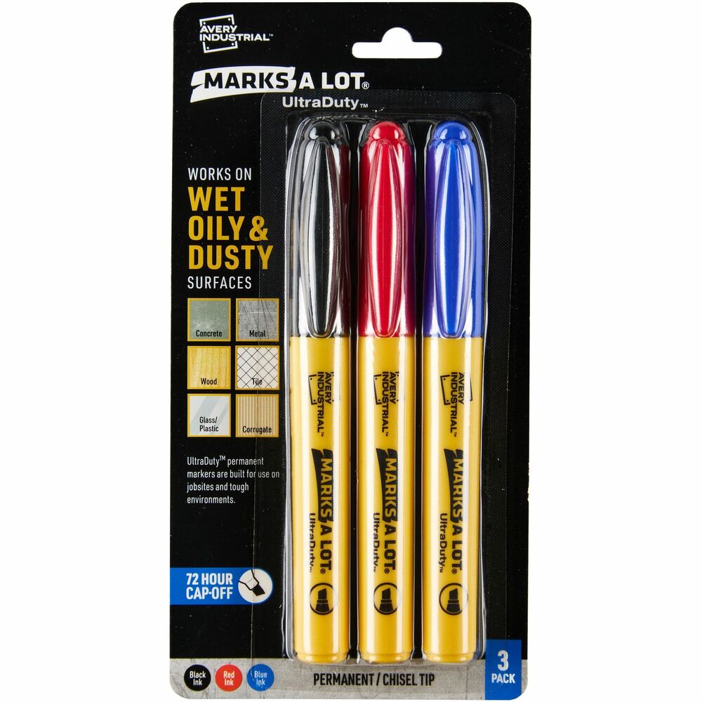 Image of Avery Markers,Permanent,Industrial,Chisel,0.5mm,3/PK,BK/RD/BE