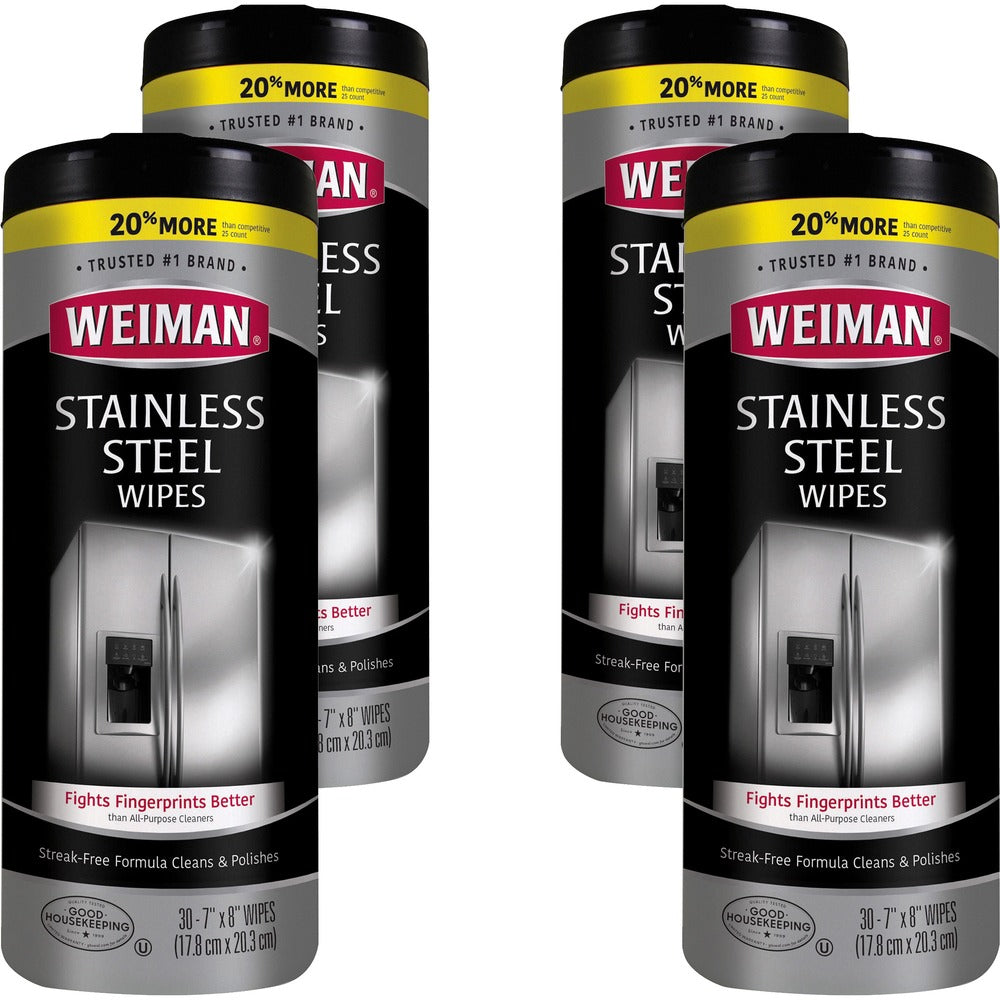 Image of Weiman Products Wipes, f/Stainless Steel, 7"x8", 30 Wipes/Canister, 4/CT, WE