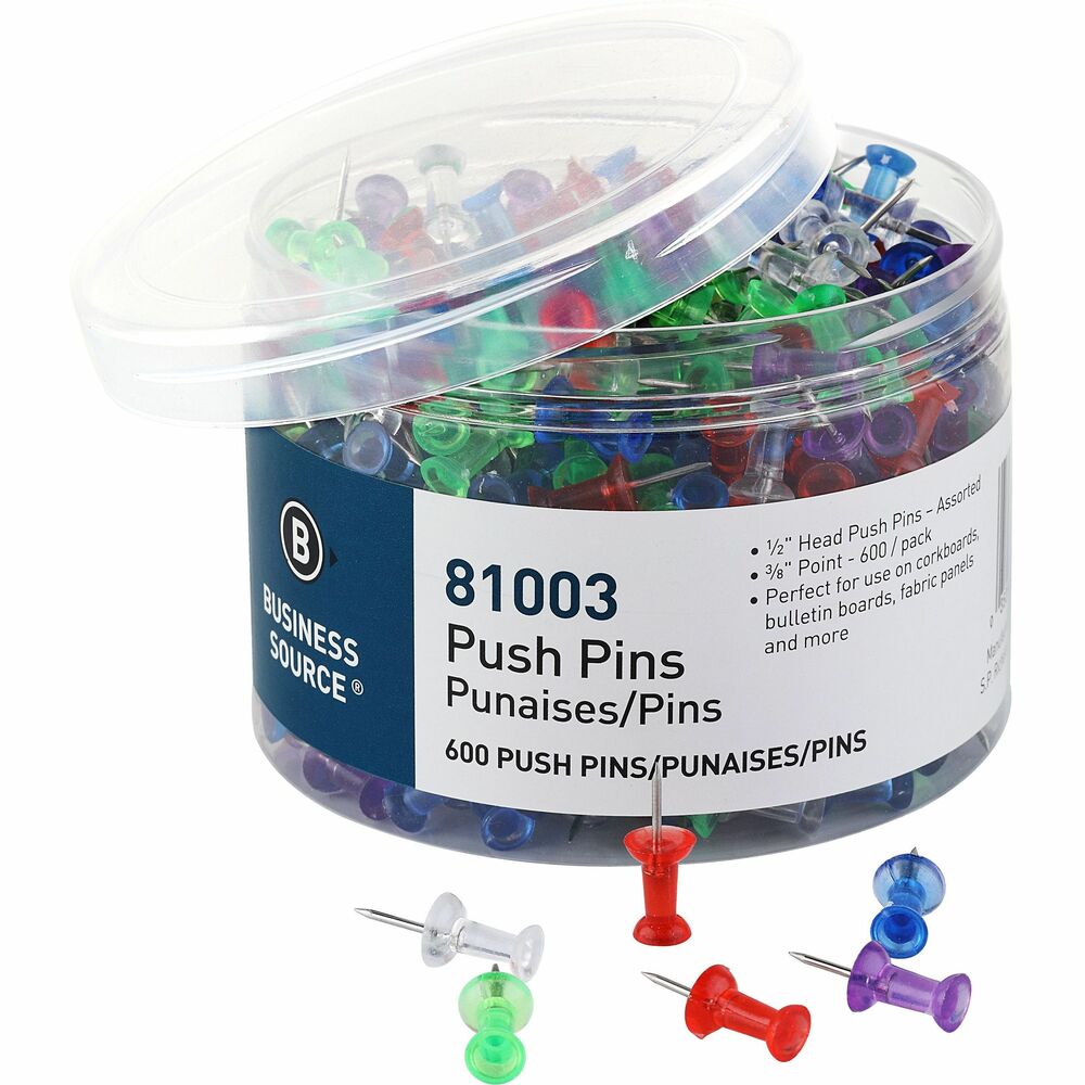 Image of Business Source Pushpins,3/8" Point,600/PK,AST