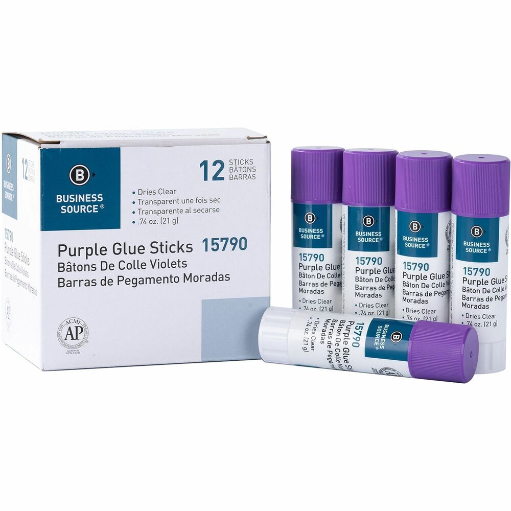 Image of Business Source Glue Stick, Bulk, Solid, Dries Clear, 0.74oz, 12/BX, Purple