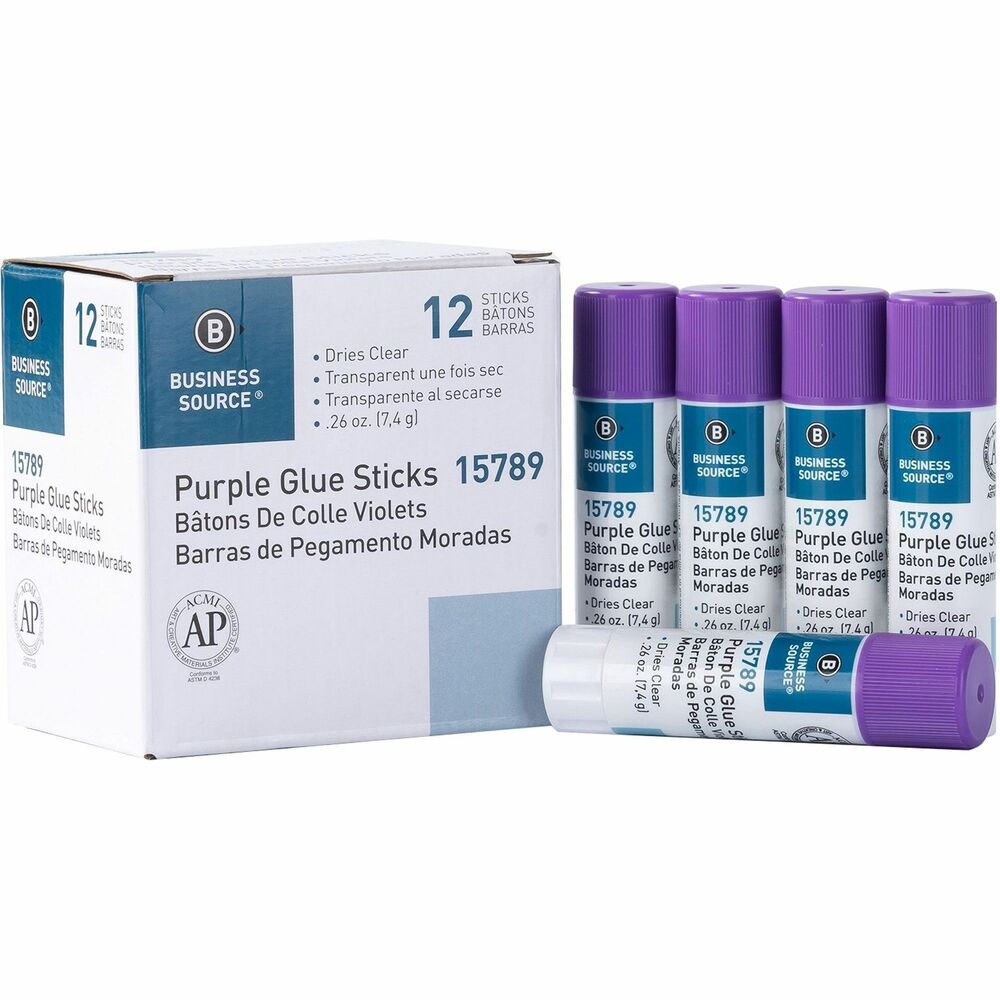 Image of Business Source Glue Stick, Bulk, Solid, Dries Clear, 0.26oz, 12/BX, Purple