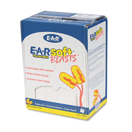 Image of 3M E-A-Rsoft Blasts Earplugs, Corded, Foam, Yellow Neon, 200 Pairs/Box
