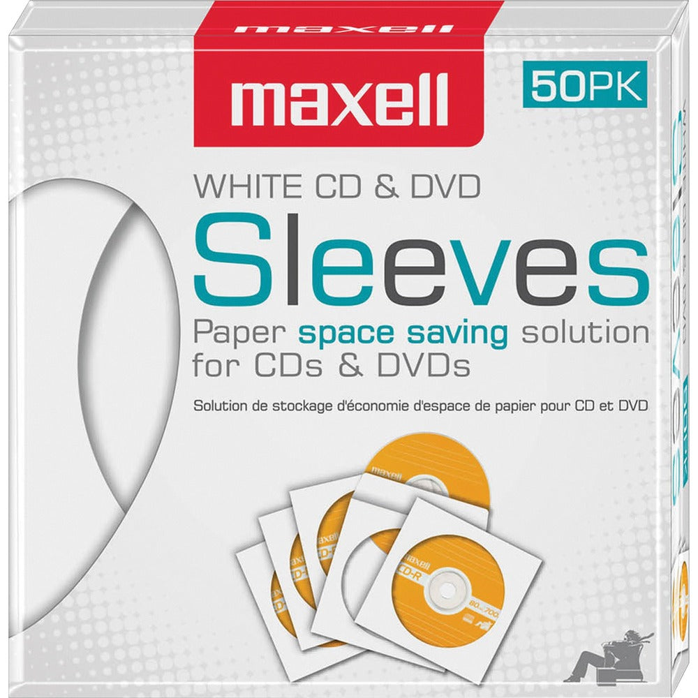 Image of Maxell CD/DVD Sleeves, Clear Window, 50/BX, White