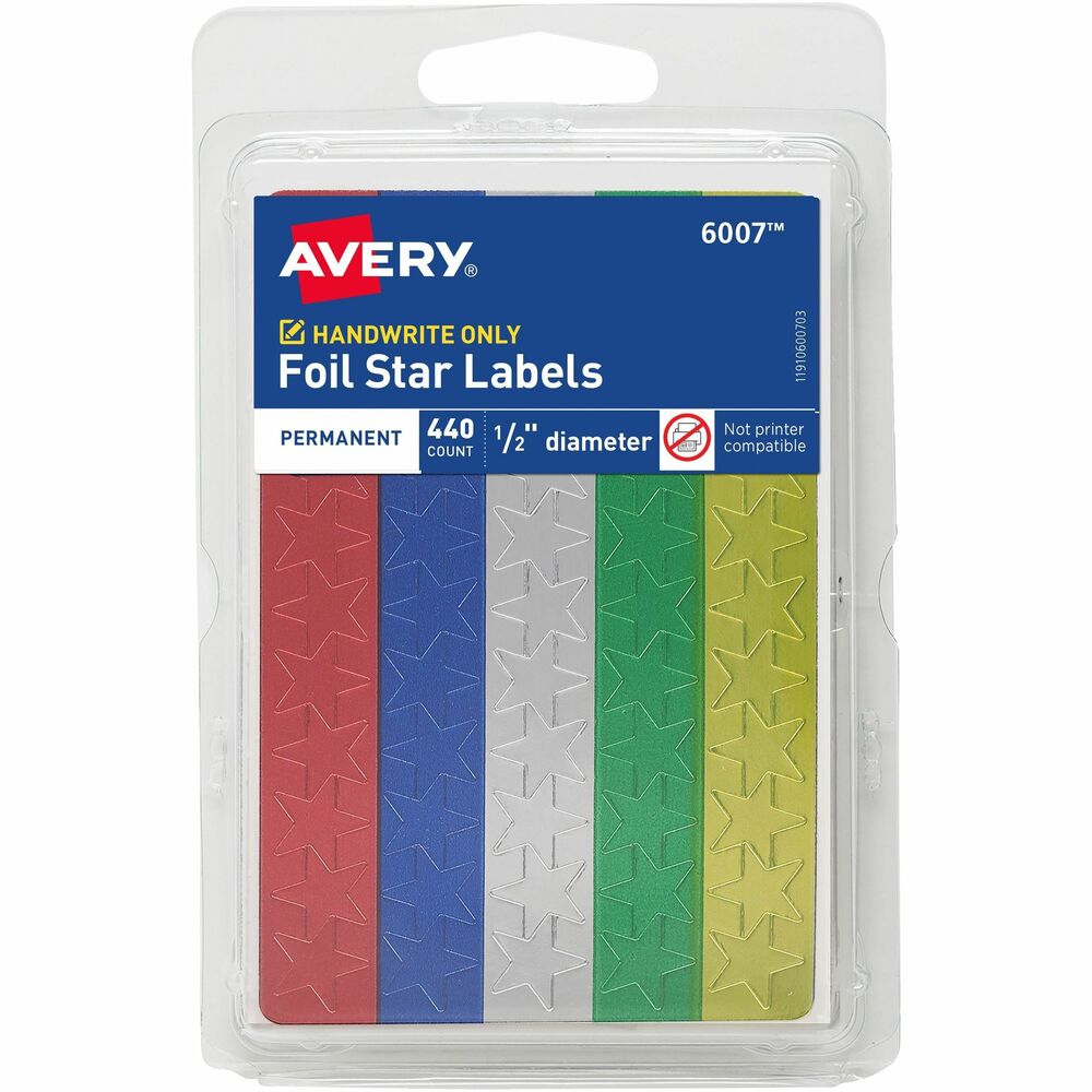 Image of Avery Foil Star Stickers, 1/2", 440/PK, Red/GN/Gold/Silver/BE