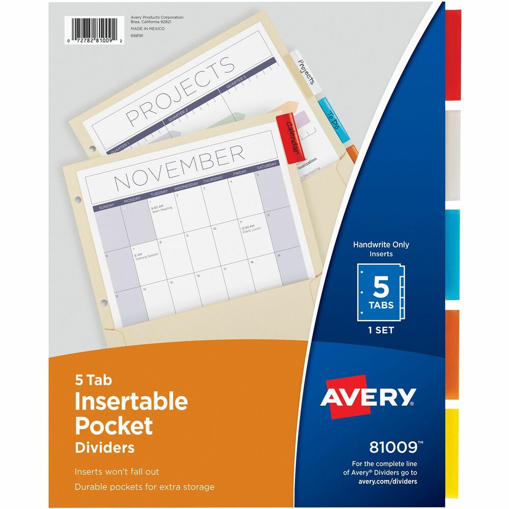 Image of Avery Insertable Divider,Pocket/Tabs,5/Tabs,8-7/8"x11",AST