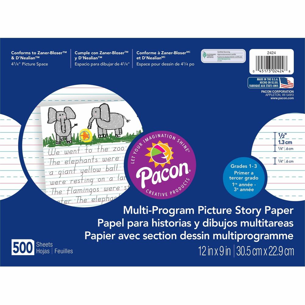 Image of Pacon Picture Story Paper,1/2" Ruled,12"x9",500 Sheets/RM,White