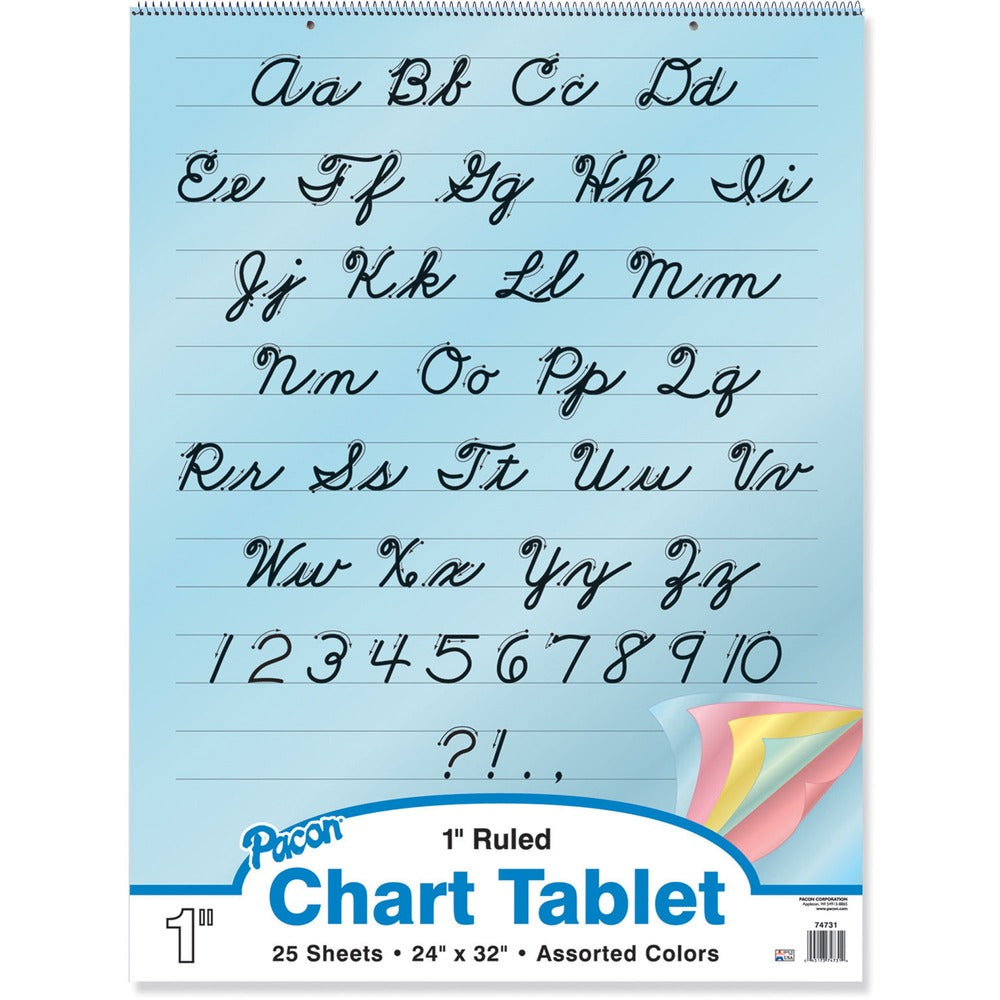 Image of Pacon Colored Paper Chart,Cursive Cover,1" Ruled,24"x32",25Sht,AST