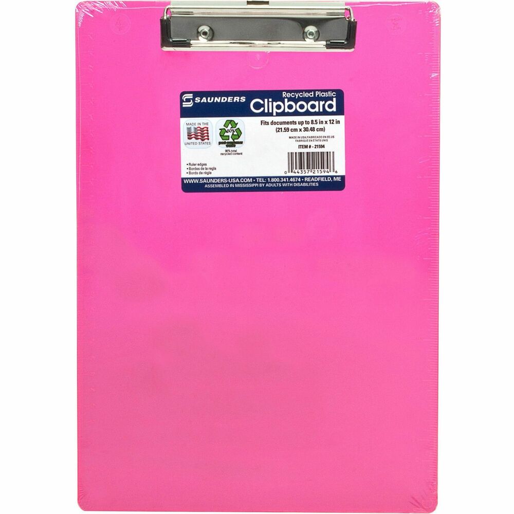 Image of Saunders Plastic Clipboard, Letter, Holds 1/2" of Paper, Neon Pink