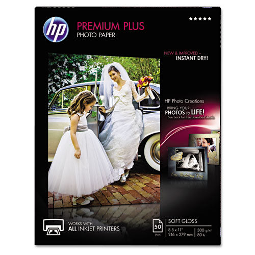 Image of HP Premium Plus Photo Paper, 11.5 Mil, 8.5 X 11, Soft-Gloss White, 50/pack