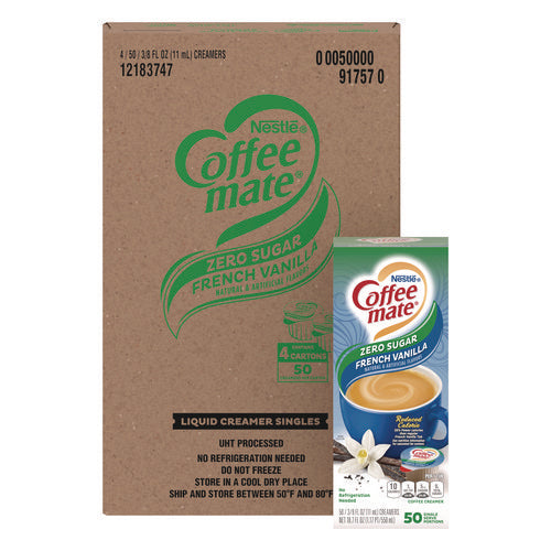 Image of Coffee mate® Liquid Coffee Creamer, Zero Sugar French Vanilla, 0.38 oz Mini Cups, 50/Box, 4 Boxes/Carton