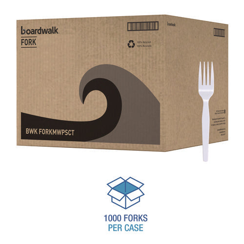 Image of Boardwalk® Mediumweight Polystyrene Cutlery, Fork, Plastic, White, 100/Box, 10 Boxes/Carton