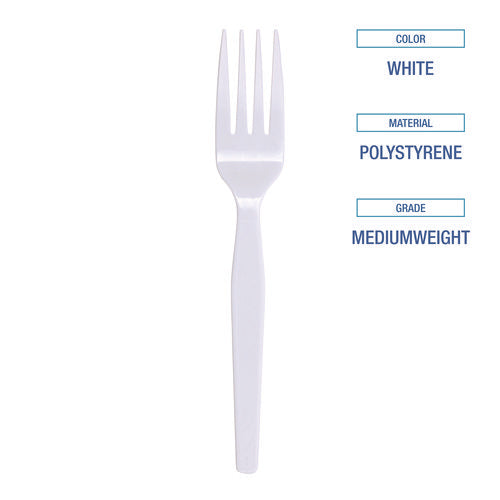 Image of Boardwalk® Mediumweight Polystyrene Cutlery, Fork, Plastic, White, 100/Box, 10 Boxes/Carton