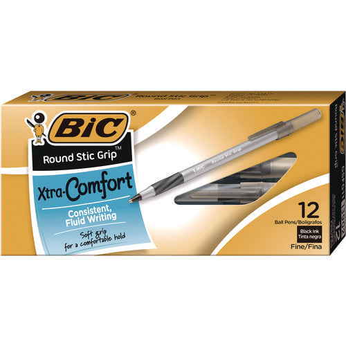 Image of BIC® Round Stic Grip Xtra Comfort Ballpoint Pen, Stick, Fine 0.8 Mm, Black Ink, Gray/black Barrel, Dozen