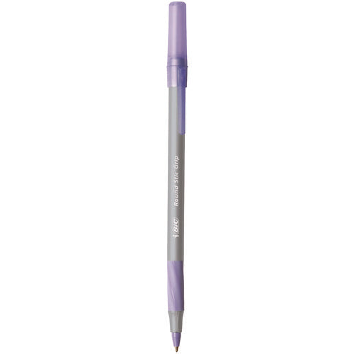 Image of BIC® Round Stic Grip Xtra Comfort Ballpoint Pen, Easy-Glide System, Stick, Medium 1.2 mm, Purple Ink, Gray/Purple Barrel, Dozen
