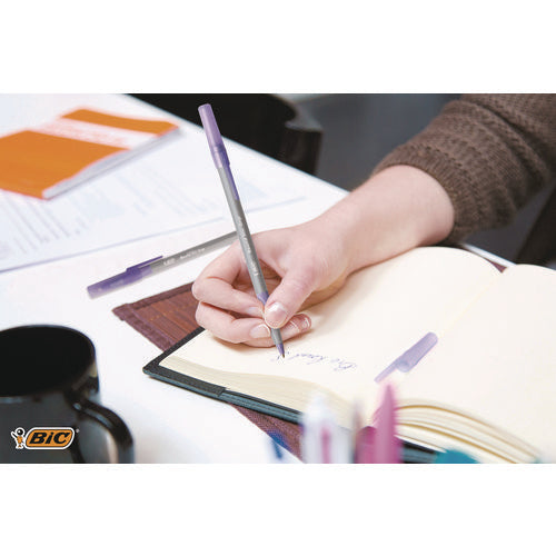 Image of BIC® Round Stic Grip Xtra Comfort Ballpoint Pen, Easy-Glide System, Stick, Medium 1.2 mm, Purple Ink, Gray/Purple Barrel, Dozen