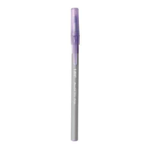 Image of BIC® Round Stic Grip Xtra Comfort Ballpoint Pen, Easy-Glide System, Stick, Medium 1.2 mm, Purple Ink, Gray/Purple Barrel, Dozen