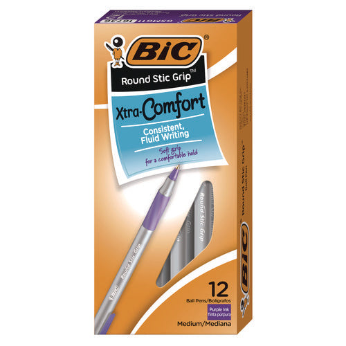 Image of BIC® Round Stic Grip Xtra Comfort Ballpoint Pen, Easy-Glide System, Stick, Medium 1.2 mm, Purple Ink, Gray/Purple Barrel, Dozen