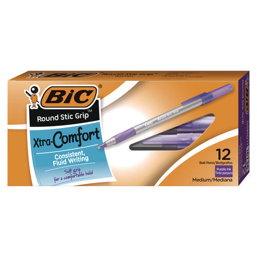 Image of BIC® Round Stic Grip Xtra Comfort Ballpoint Pen, Easy-Glide System, Stick, Medium 1.2 mm, Purple Ink, Gray/Purple Barrel, Dozen
