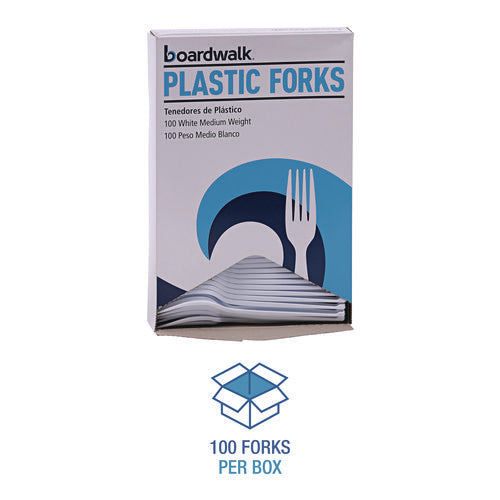 Image of Boardwalk® Mediumweight Polystyrene Cutlery, Fork, Plastic, White, 100/Box, 10 Boxes/Carton