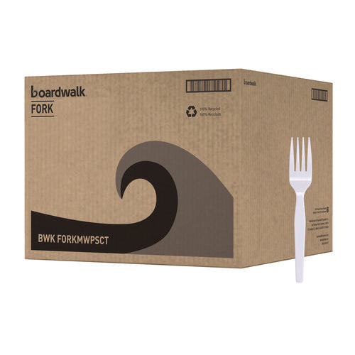 Image of Boardwalk® Mediumweight Polystyrene Cutlery, Fork, Plastic, White, 100/Box, 10 Boxes/Carton