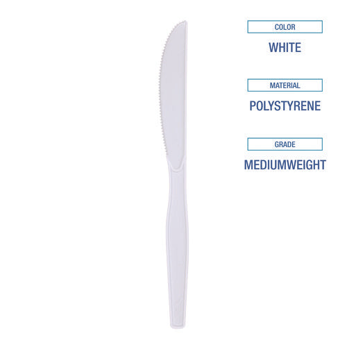 Image of Boardwalk® Mediumweight Polystyrene Cutlery, Knife, Plastic, White, 100/Box, 10 Boxes/Carton