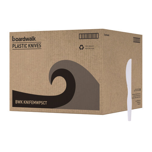 Image of Boardwalk® Mediumweight Polystyrene Cutlery, Knife, Plastic, White, 100/Box, 10 Boxes/Carton