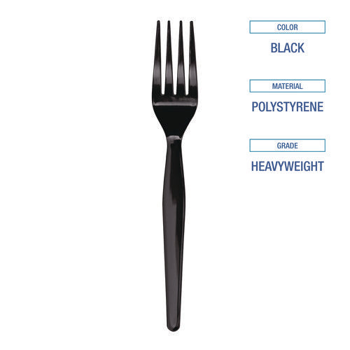 Image of Boardwalk® Heavyweight Polystyrene Cutlery, Fork, Plastic, Black, 1,000/Carton