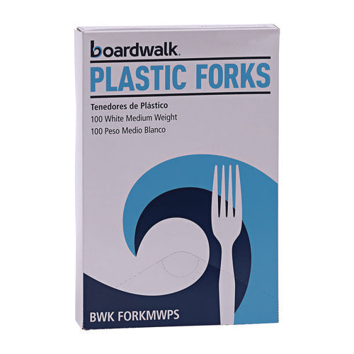 Image of Boardwalk® Mediumweight Polystyrene Cutlery, Fork, Plastic, White, 100/Box, 10 Boxes/Carton