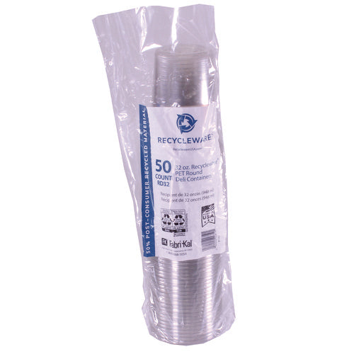 Image of Fabri-Kal® Recycleware Round Deli Container, 32 oz, 4.6" Diameter x 5.8" h, Clear, Plastic, 500/Carton