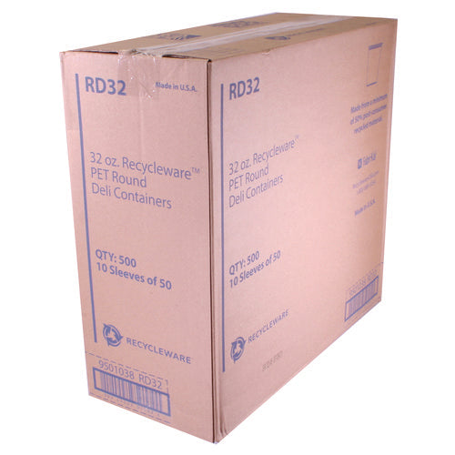 Image of Fabri-Kal® Recycleware Round Deli Container, 32 oz, 4.6" Diameter x 5.8" h, Clear, Plastic, 500/Carton