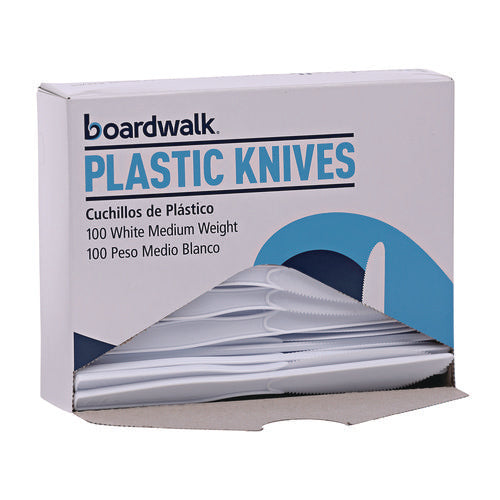 Image of Boardwalk® Mediumweight Polystyrene Cutlery, Knife, Plastic, White, 100/Box, 10 Boxes/Carton