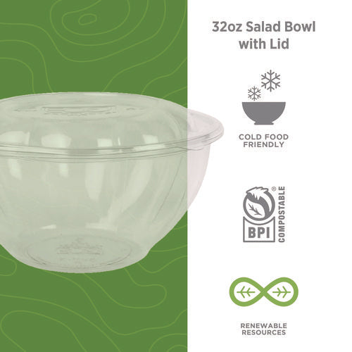 Image of Eco-Products® Renewable and Compostable Salad Bowls with Lids, 32 oz, Clear, Plastic, 50/Pack, 3 Packs/Carton