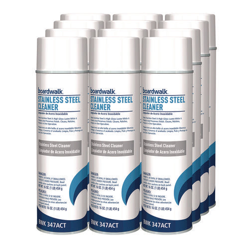 Image of Boardwalk® Stainless Steel Cleaner and Polish, Water-in-Oil Based, Lemon Scent, 18 oz Aerosol Spray, 12/Carton