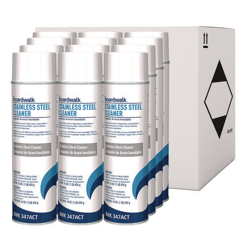 Image of Boardwalk® Stainless Steel Cleaner and Polish, Water-in-Oil Based, Lemon Scent, 18 oz Aerosol Spray, 12/Carton