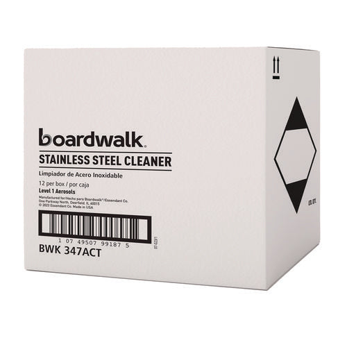 Image of Boardwalk® Stainless Steel Cleaner and Polish, Water-in-Oil Based, Lemon Scent, 18 oz Aerosol Spray, 12/Carton