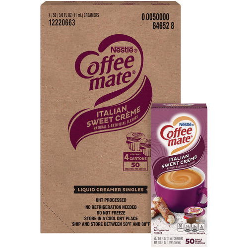 Image of Coffee mate® Liquid Coffee Creamer, Italian Sweet Cream, 0.38 oz Mini Cups, 50/Box, 4 Boxes/Carton
