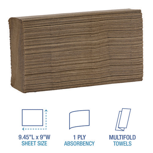 Image of Boardwalk® Multifold Paper Towels, 1-Ply, 9 x 9.45, Natural, 250/Pack, 16 Packs/Carton